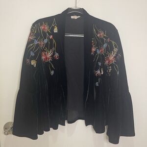Mystree Open Front Kimono Jacket Black Velvet Embroidered Bell Sleeve S